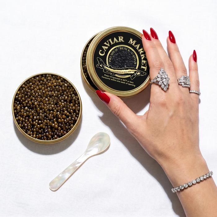 Kaluga Queen premium black caviar tin with mother of pearl spoon