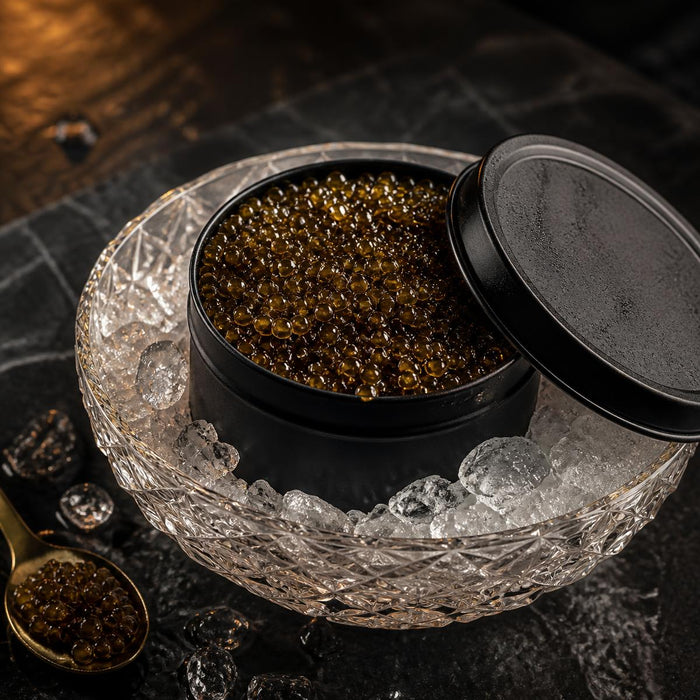Kaluga Queen premium black caviar tin on ice